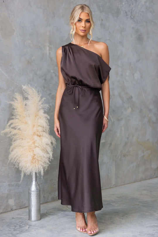Damen Maxi-Kleid mit schulterfreiem Design und elastischem Taillenbund EB