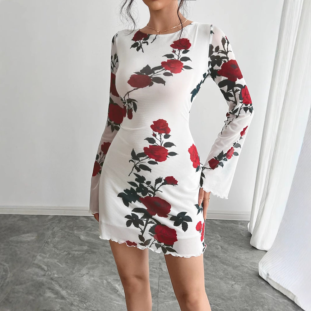 Damen Floral Minikleid mit langen Ärmeln EB