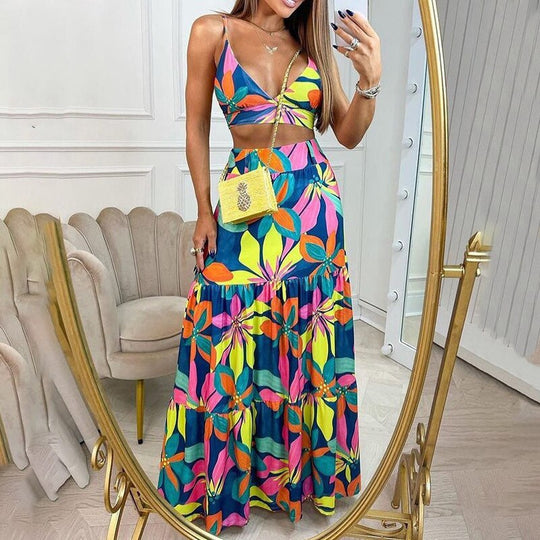Damen Maxikleid mit floralem Design und verziertem V-Ausschnitt EB