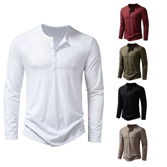 Herren Langarm-T-Shirt mit Knopfleiste und modischem Stehkragen EB