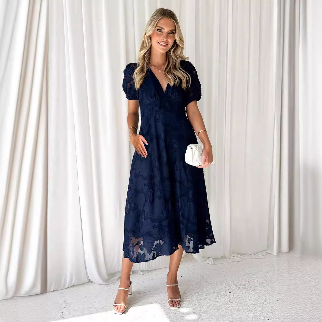 Damen Midi-Kleid mit grafischem Auschnitt und Puffärmeln EB