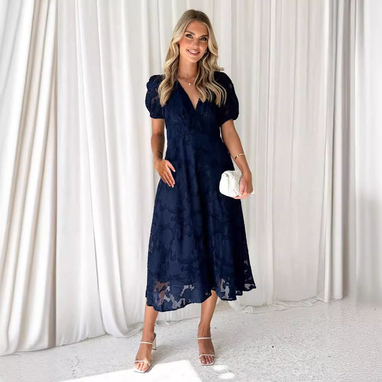 Damen Midi-Kleid mit grafischem Auschnitt und Puffärmeln EB