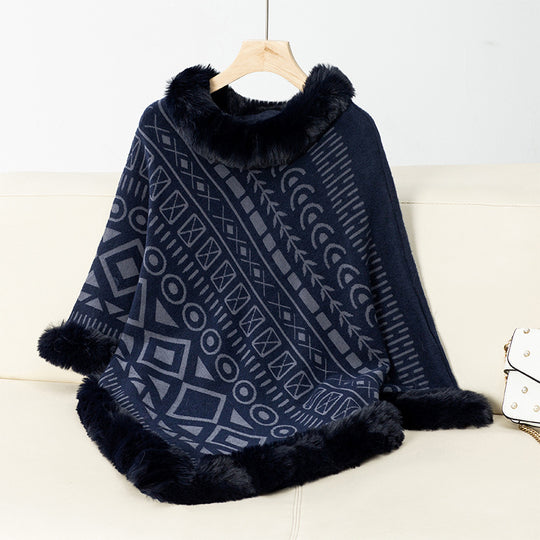 Damen modischer Poncho mit dekorativem Kunstfellkragen EB
