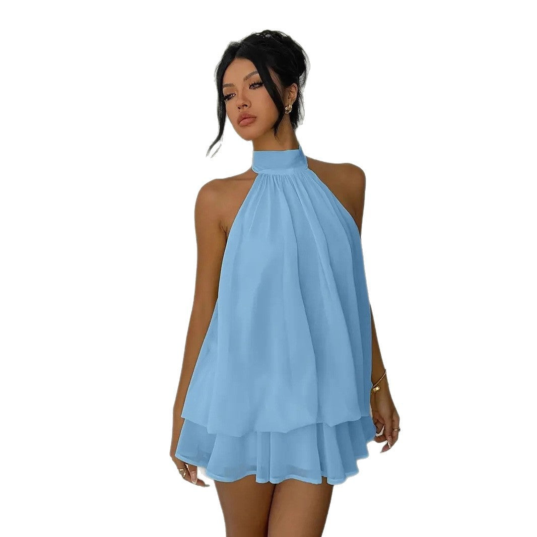 Damen luftiges Wickelkleid mit elegantem Stehkragen und fließendem Saum EB