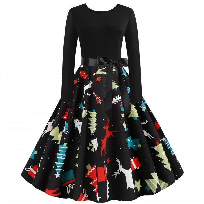 Damen Tailliertes Retro Kleid mit voluminösem Tellerrock und Weihnachtsprint EB