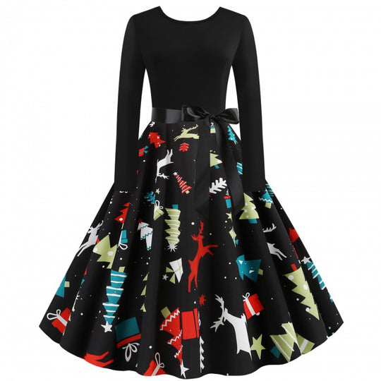 Damen Tailliertes Retro Kleid mit voluminösem Tellerrock und Weihnachtsprint EB