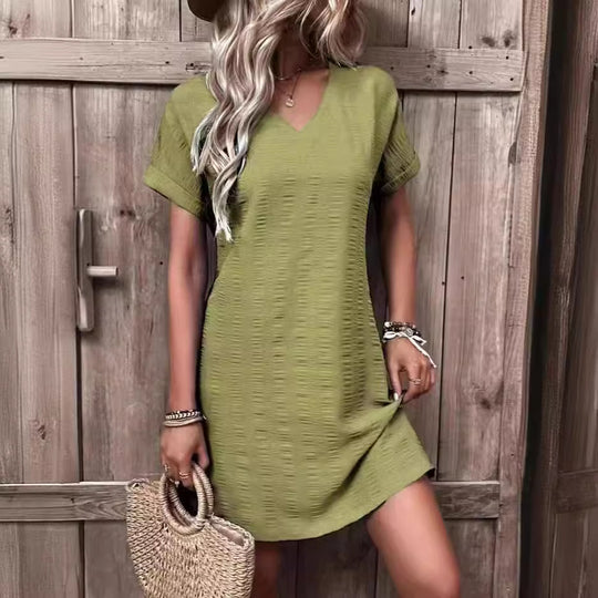 Damen V-ausschnitt Freizeitleinenkleid mit kurzen Ärmeln EB