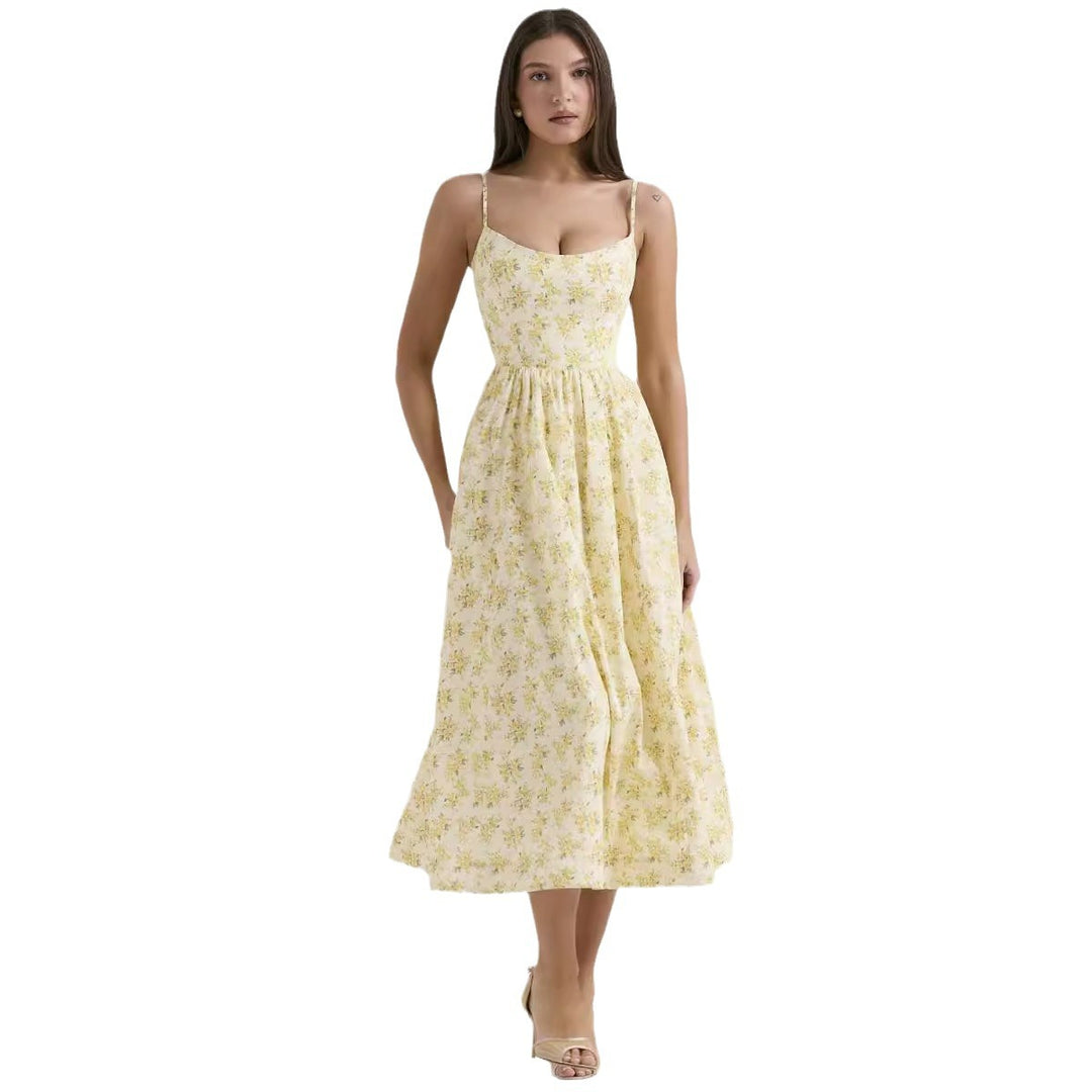 Damen Midi-Kleid mit elegantem Blumenmuster und zartem Taillenzug EB