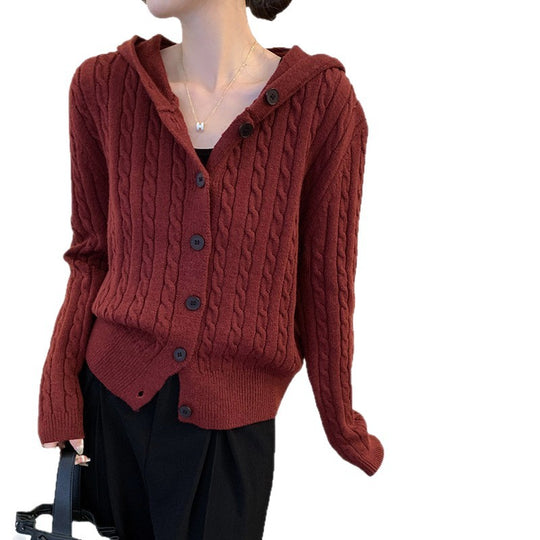 Damen Strickjacke mit Kapuze und Zopfmuster EB