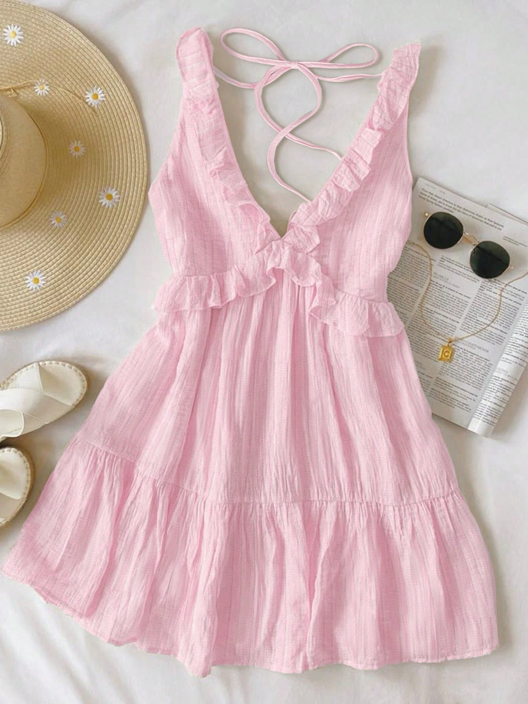 Damen luftiges Sommerkleid mit Volantdetails und verstellbarem Rückenschnürung EB