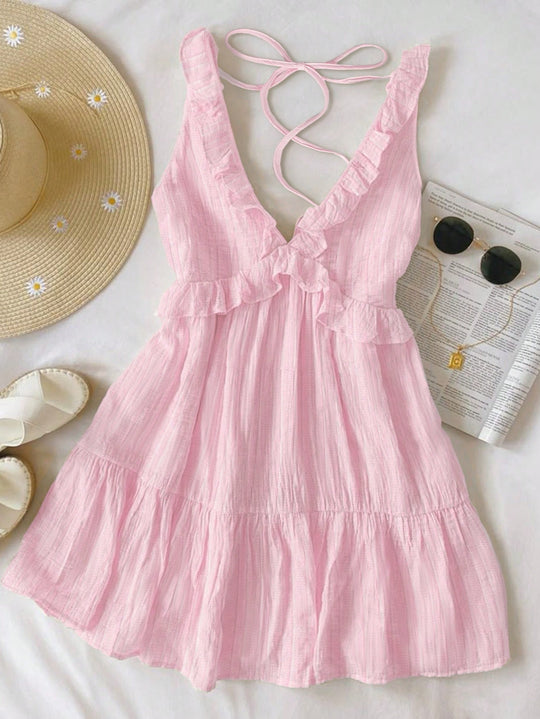 Damen luftiges Sommerkleid mit Volantdetails und verstellbarem Rückenschnürung EB