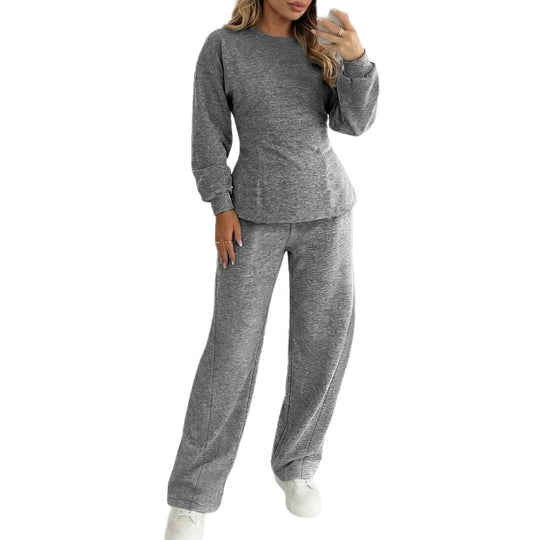 Damen Zweiteiliges Loungewear-Set aus Melange‑Jersey mit weitem Bein und Rundhalsausschnitt EB