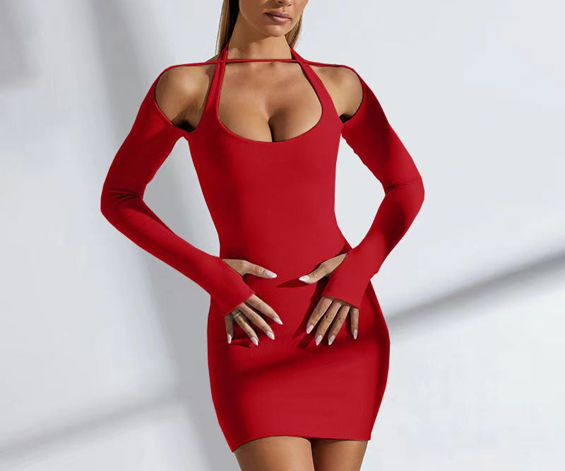 Damen Einseitig Offenes Mini-Kleid mit Langarm EB