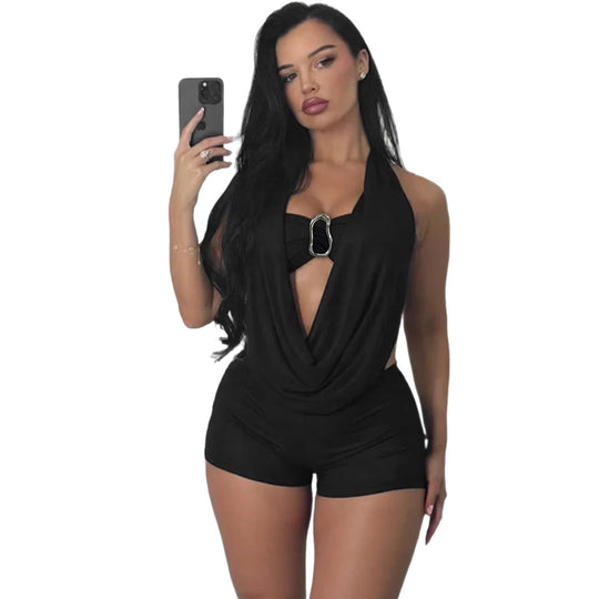 Damen Elegantes Jumpsuit mit tiefem V-Ausschnitt und dekorativem Ringdetail EB