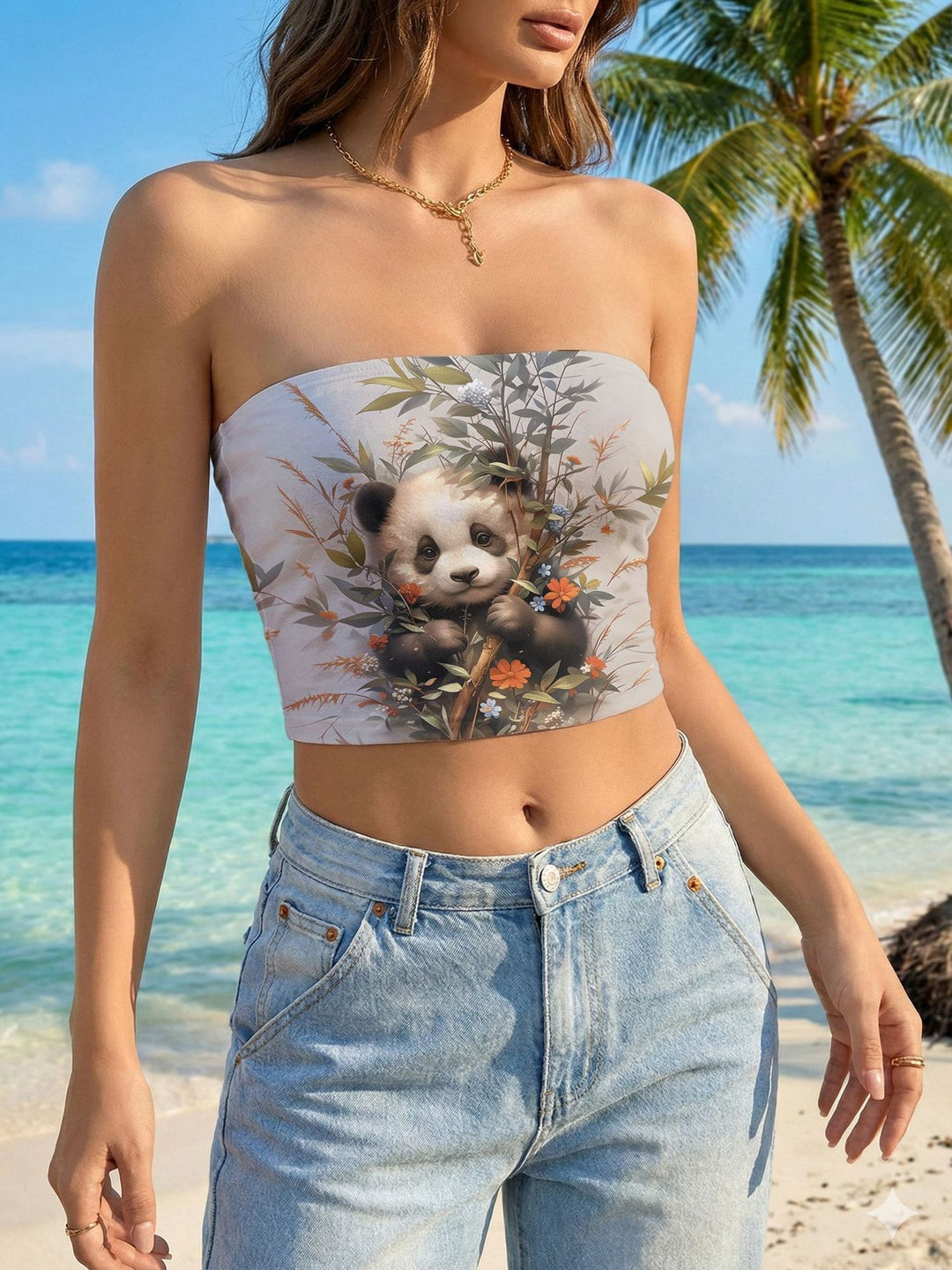 Damen Bandeau-Top mit floralem Vogelmotiv und elastischer Passform EB