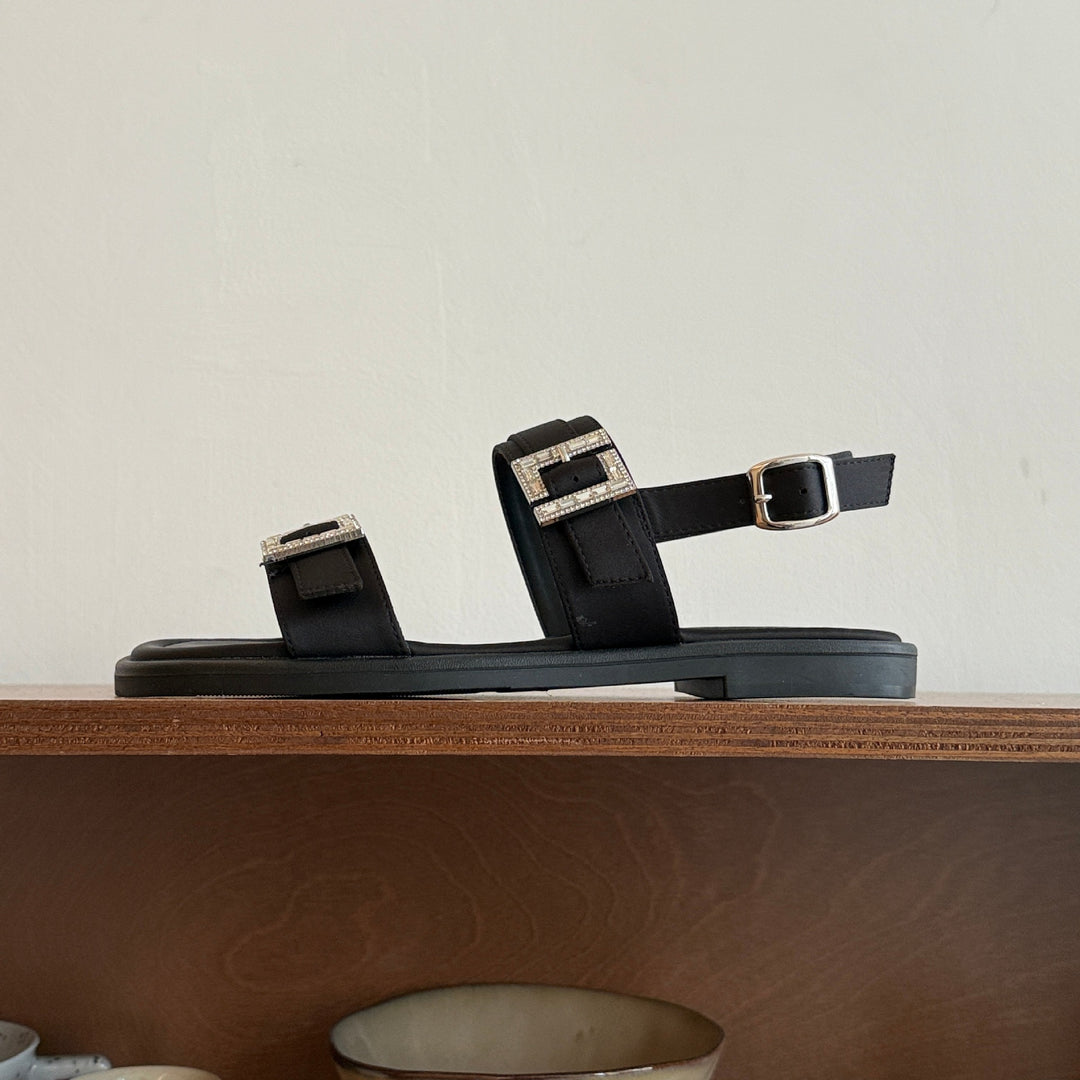 Damen modische Zehentrenner-Sandalen mit eleganten, verstellbaren Riemen und glitzernden Schnallen EB