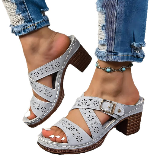 Damen offene Sandalen mit dekorativem Riemen und mittelhohem Absatz EB