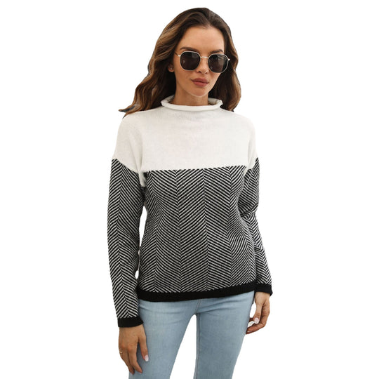 Damen Strickpullover mit Herringbone-Muster und hohem Kragen EB