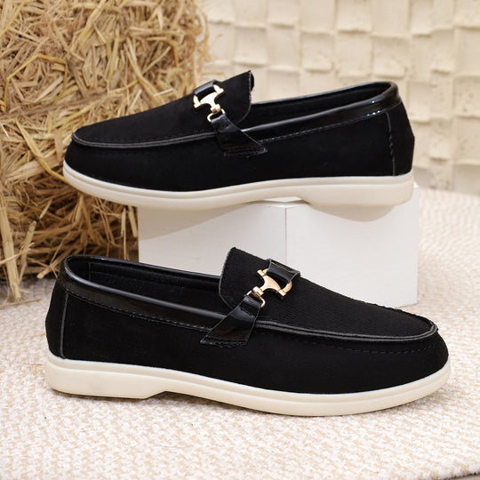 Damen elegante Veloursleder-Slipper mit dekorativer Metall-Hardware und flexibler Leichtlaufsohle EB