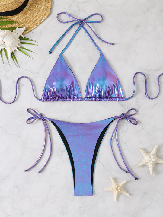 Damen Glänzendes Triangel-Bikini-Set mit verstellbaren Bändern EB