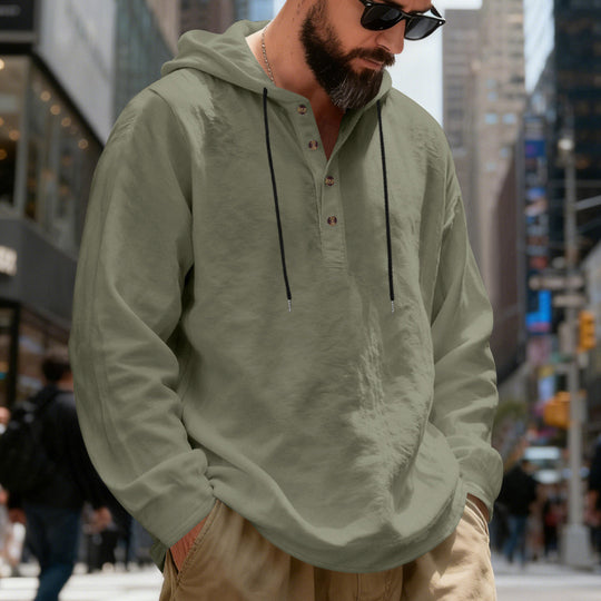 Herren nan legeres Henley-Kapuzenhemd mit Knopfleiste, Kordelzug und gerundetem Saum EB