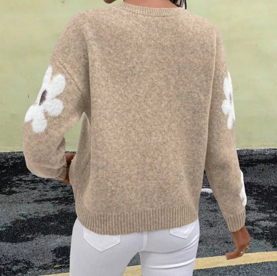 Damen Strickpullover mit floralem Muster und Rundhalsausschnitt EB