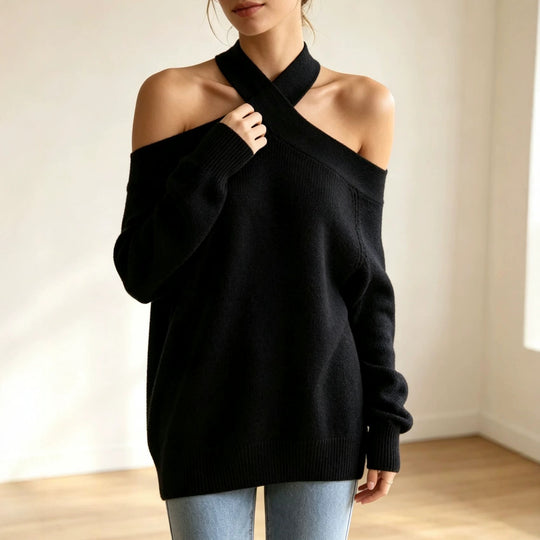 Damen Grobgestrickter schulterfreier Pullover mit überkreuztem Neckholder EB