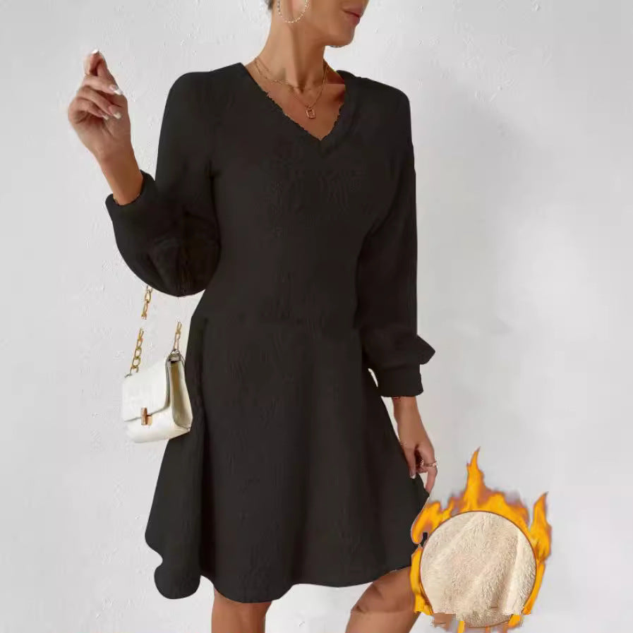 Damen fließendes V-Ausschnitt Kleid mit langen Ärmeln und weichem Fleece EB