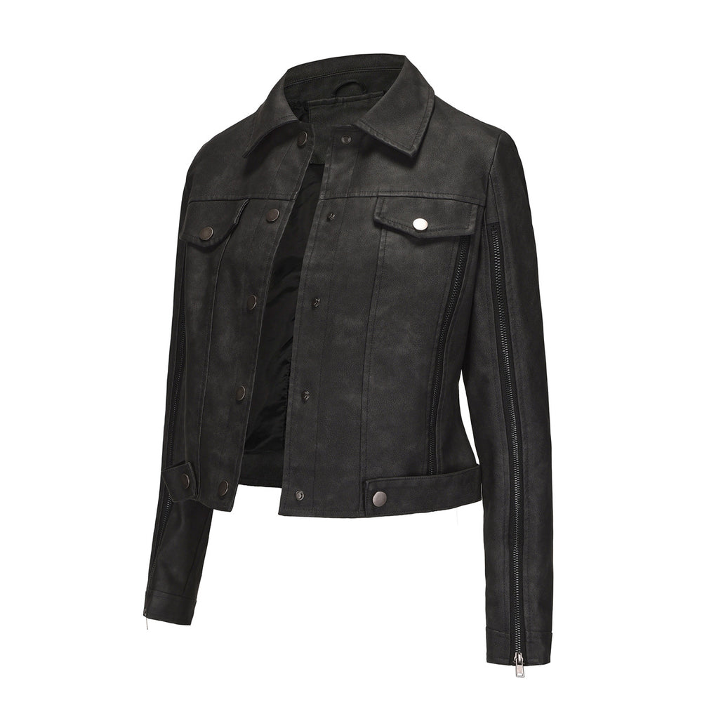 Damen modische Shortjacke aus Kunstleder mit Reißverschlussdetails EB