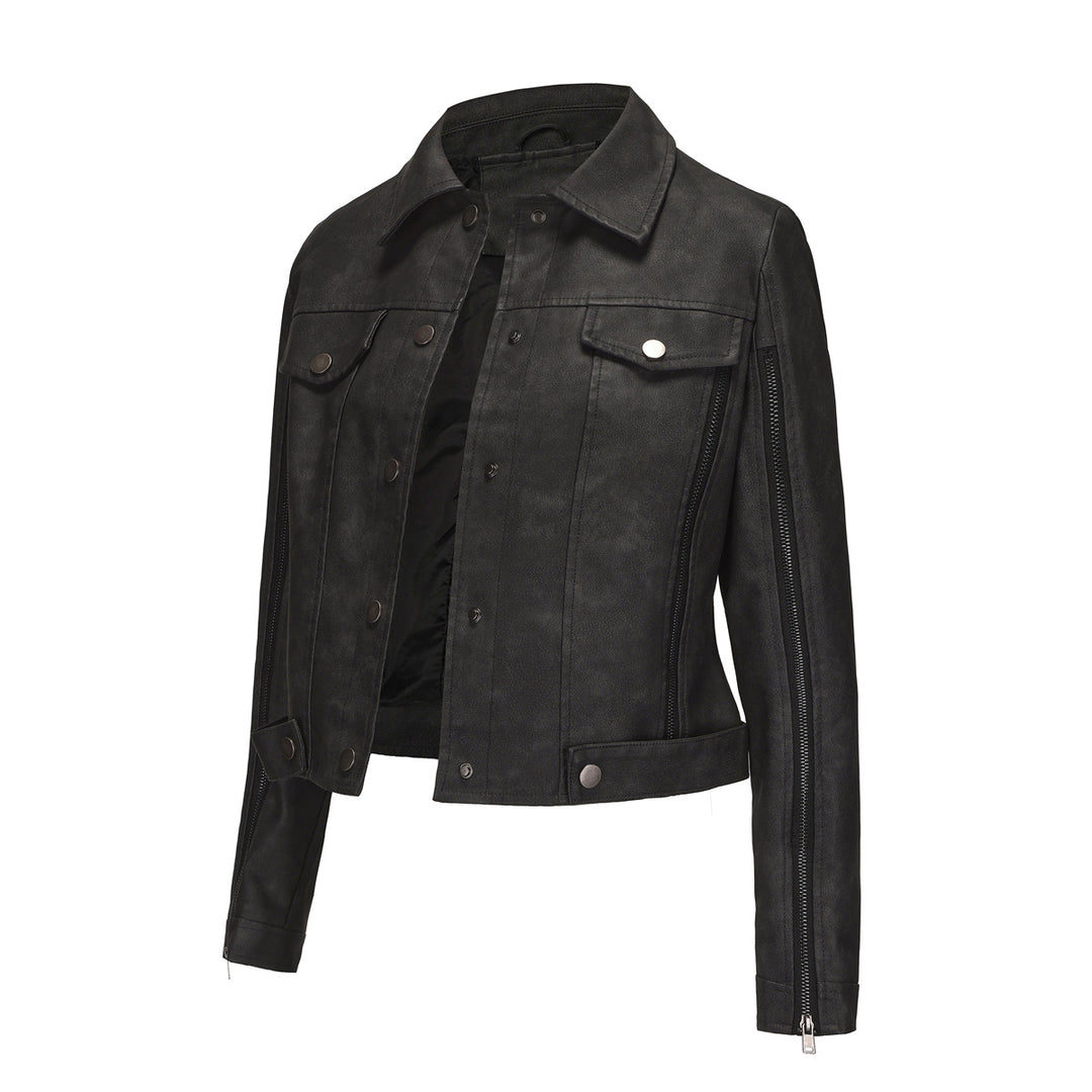 Damen modische Shortjacke aus Kunstleder mit Reißverschlussdetails EB