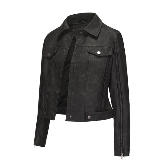 Damen modische Shortjacke aus Kunstleder mit Reißverschlussdetails EB