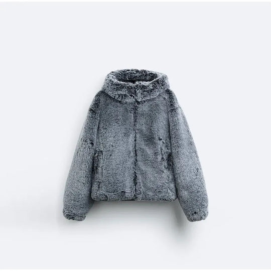Damen Flauschige Teddyjacke mit hohem Kragen und praktischen Taschen EB