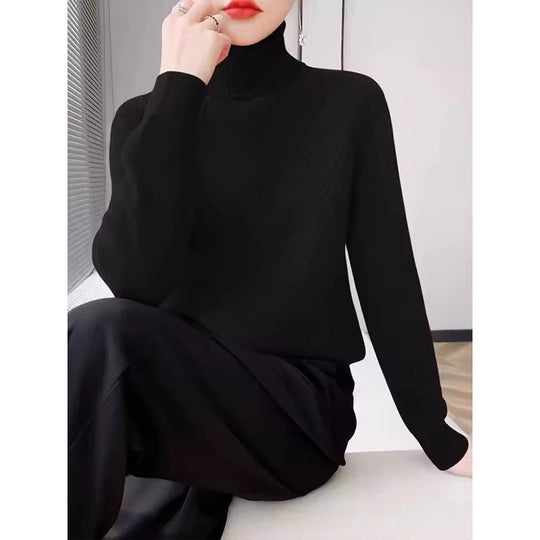Damen eleganter Strickpullover mit Stehkragen und feiner Rippstruktur EB