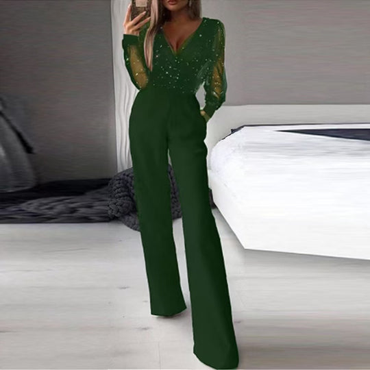 Damen Eleganter Jumpsuit mit transparenten Ärmeln und funkelnden Details EB