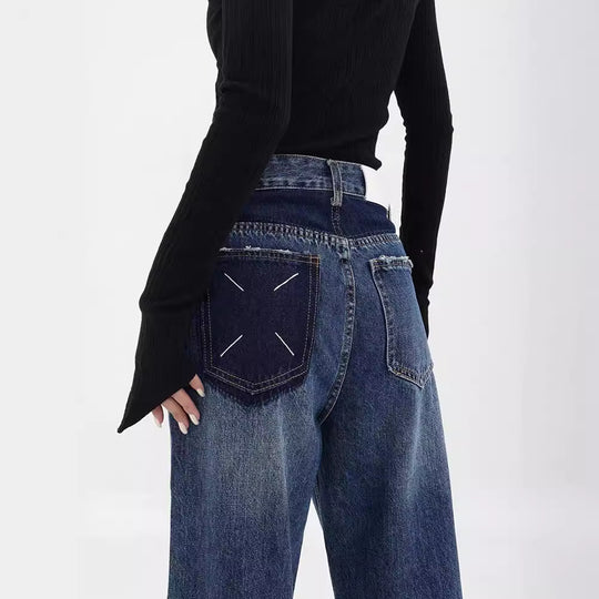 Damen weit geschnittene Denim-Hose mit stilvollen Fransendetails EB