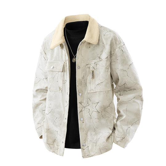 Men's  marbled corduroy sherpa-collar overshirt jacket with flap chest pockets EB