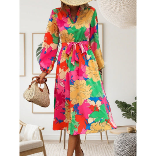 Damen Maxi-Kleid mit floralen Mustern und schwingendem Rock EB