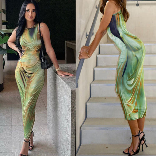 Damen Figurbetontes Maxikleid mit elegantem Grafikdruck und raffinierten Trägern EB