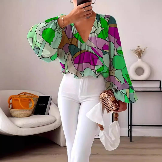 Damen Bluse mit V-Ausschnitt und modischem Grafikdesign EB