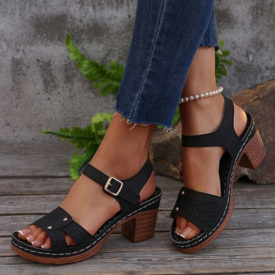 Damen elegante Sandalen mit verzierten Riemchen und Blockabsatz EB