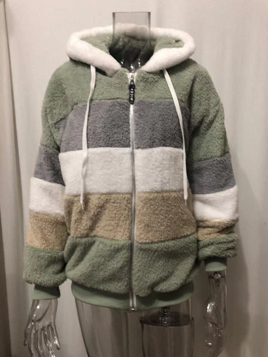 Damen nan oversized Kunstfell-Patchwork Kapuzenjacke mit Rippbündchen und Zweiwege-Reißverschluss EB