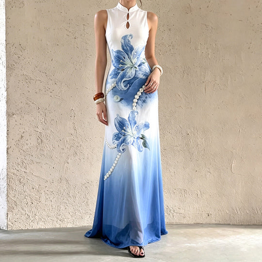 Damen Maxikleid mit floralem Druck und Perlenverzierungen EB