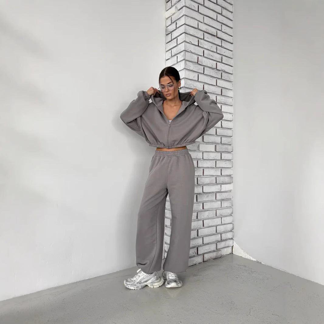 Damen Lounge-Set Cropped-Zip-Hoodie mit Oversize-Ärmeln und High-Waist Palazzo-Jogger EB