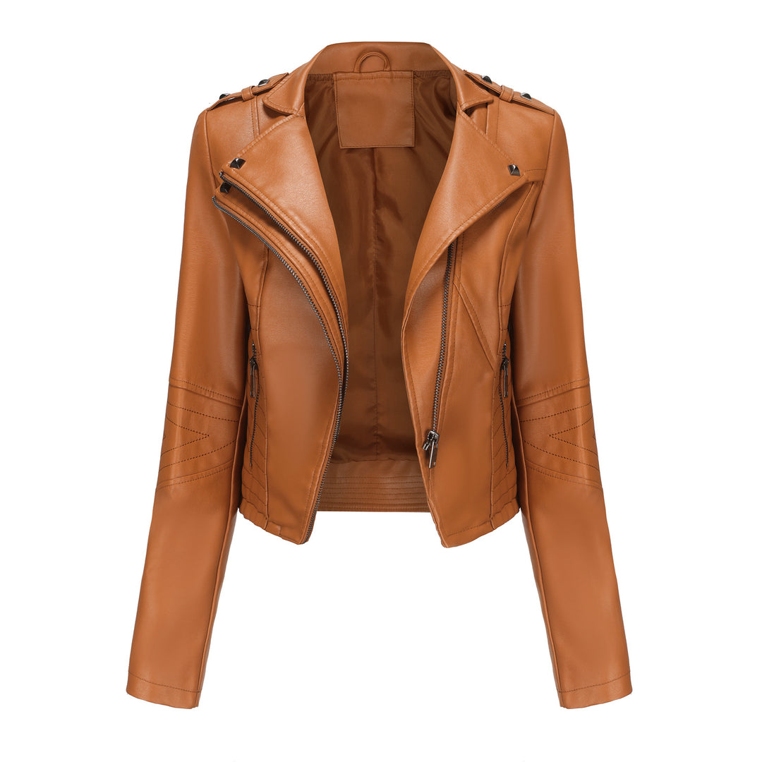 Damen stylische Bikerjacke mit asymmetrischem Reißverschluss und Detailnähten EB