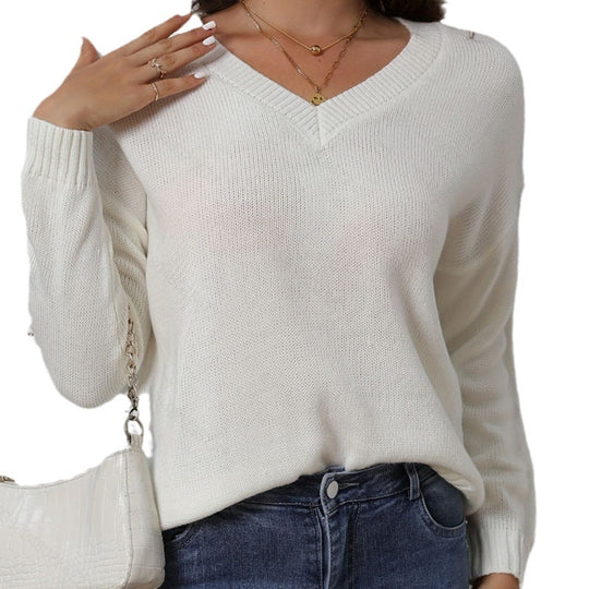 Damen atmungsaktiver V-Ausschnitt Strickpullover mit lockerer Passform EB