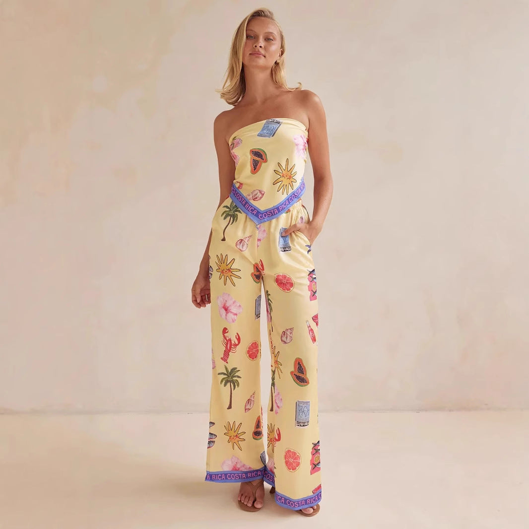 Damen Jumpsuit mit verspielten tropischen Mustern und elastischem Oberteil EB