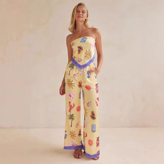 Damen Jumpsuit mit verspielten tropischen Mustern und elastischem Oberteil EB