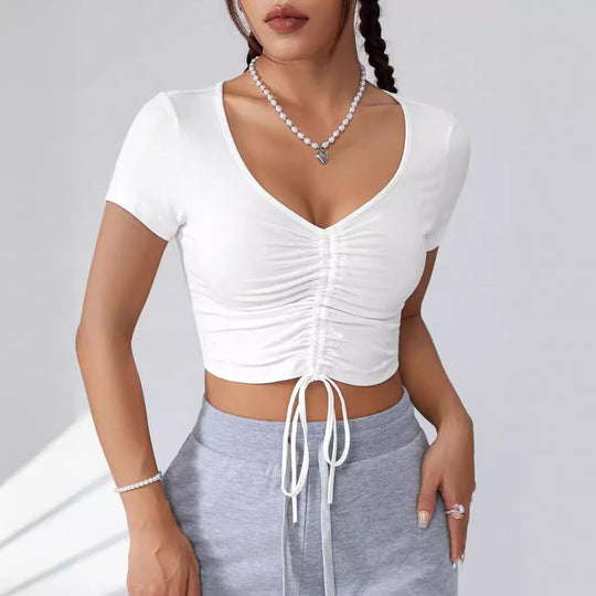 Damen Cropped Top mit raffinierten Rüschendetails und Kordelzug EB