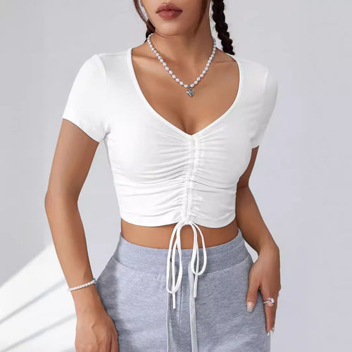 Damen Cropped Top mit raffinierten Rüschendetails und Kordelzug EB