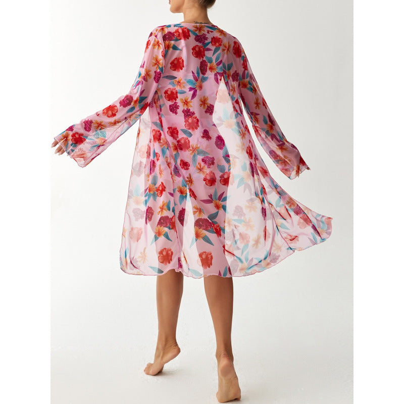 Damen Strandüberwurf mit floralem Design und hohem Schnitt EB